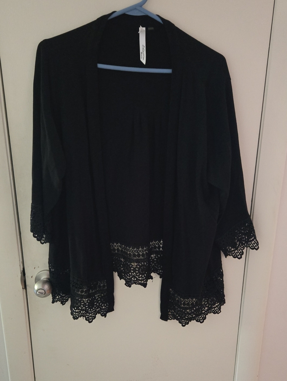 NY Collection Black Open-Front Cape with Lace Trim